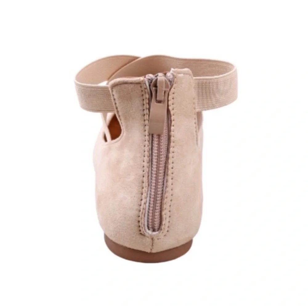 Ankle Strap Back Zip Almond Toe Ballet Flats Cream - Picture 4 of 4